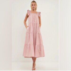 ENGLISH FACTORY Tiered Ruffle Midi Dress in Dusty Pink Size XS